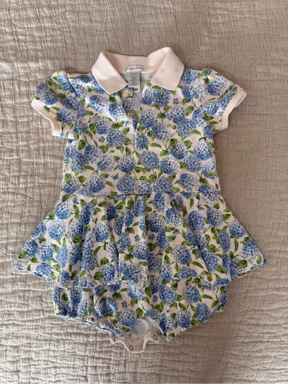 Ralph Lauren Blue Hydrangea Polo Romper with Pink Collar